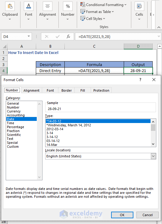 Format Cells dialog box - How To Insert Date In Excel