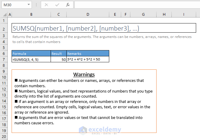 sumsq function excel syntax and examples