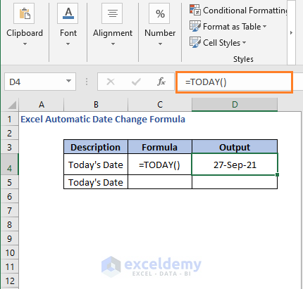 Today's date - TODAY - Excel Automatic Date Change Formula