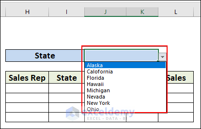 30-A drop-down list of the state names