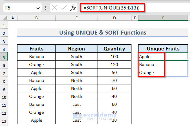 Using SORT & UNIQUE functions to Make Dynamic Drop Down List in Excel