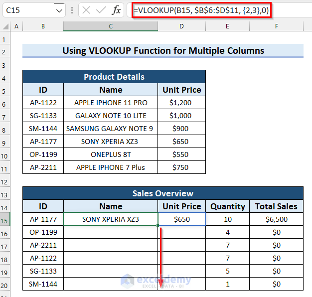 Dragging Fill Handle to Copy VLOOKUP formula for Multiple Columns in Excel