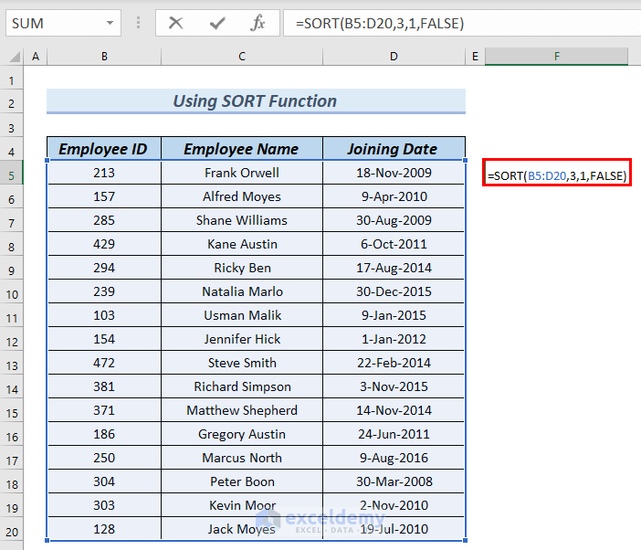 Applying SORT Function to Sort by Date in Excel