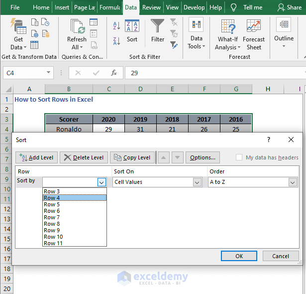 Select Row 4 - How to Sort Rows in Excel
