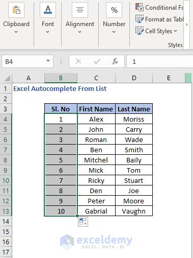 AutoFill numbers - Excel Autocomplete From List