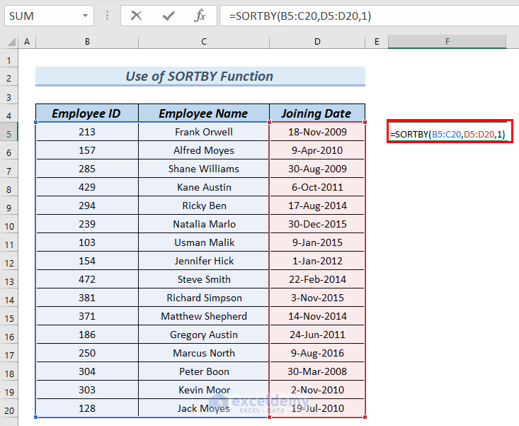 Use of SORTBY Function to Sort by Date in Excel