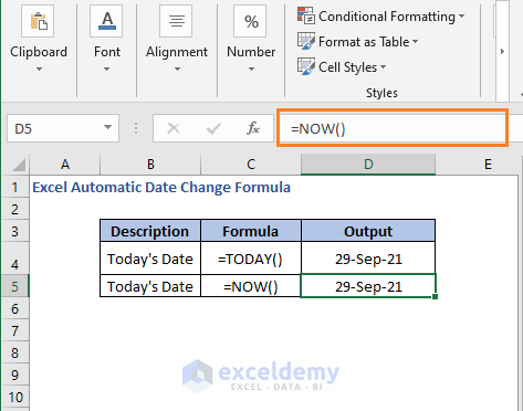Today's date - NOW - Excel Automatic Date Change Formula