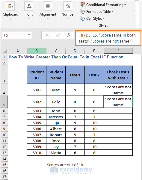 Equal to operator result - How to Write Greater Than or Equal To in Excel IF Function