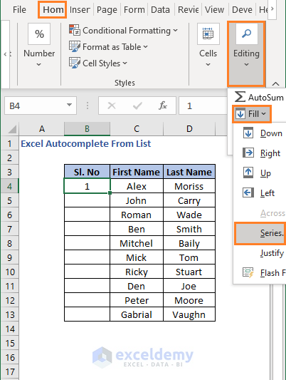 Fill series - Excel Autocomplete From List