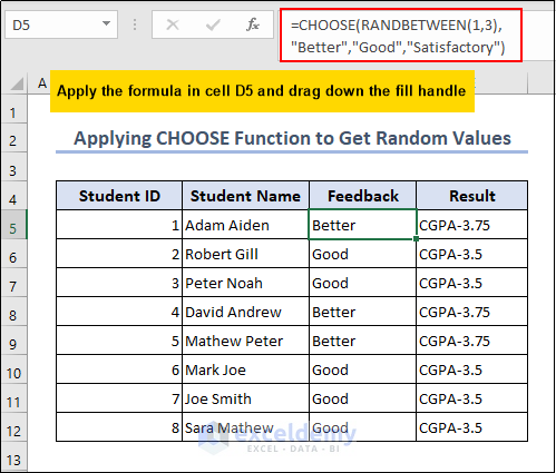 Applying RANDBETWEEN with CHOOSE function to get random value