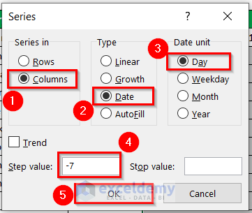 how do I subtract 7 days from a date in Excel
