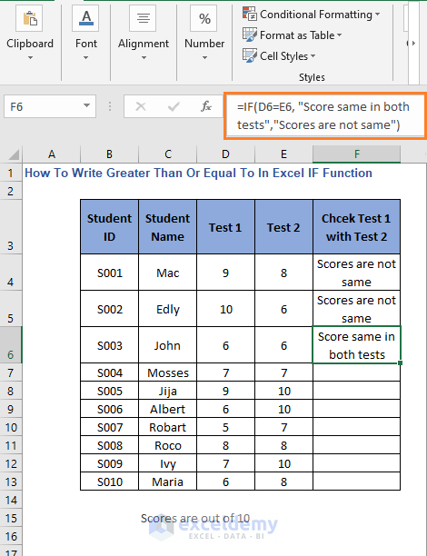 Equal to operator result 2 - How to Write Greater Than or Equal To in Excel IF Function