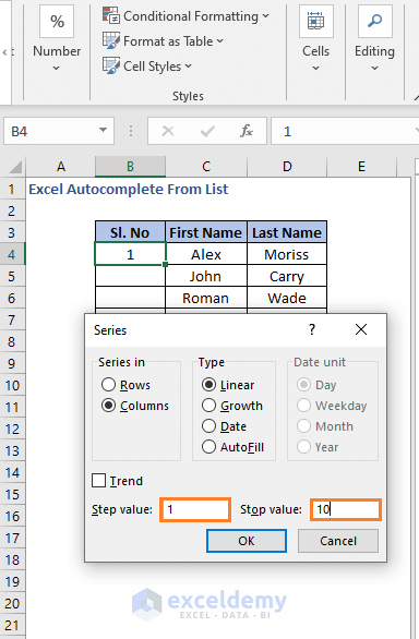 Series dialog box - Excel Autocomplete From List