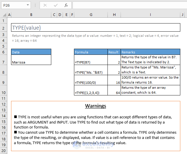 type function excel syntax and examples