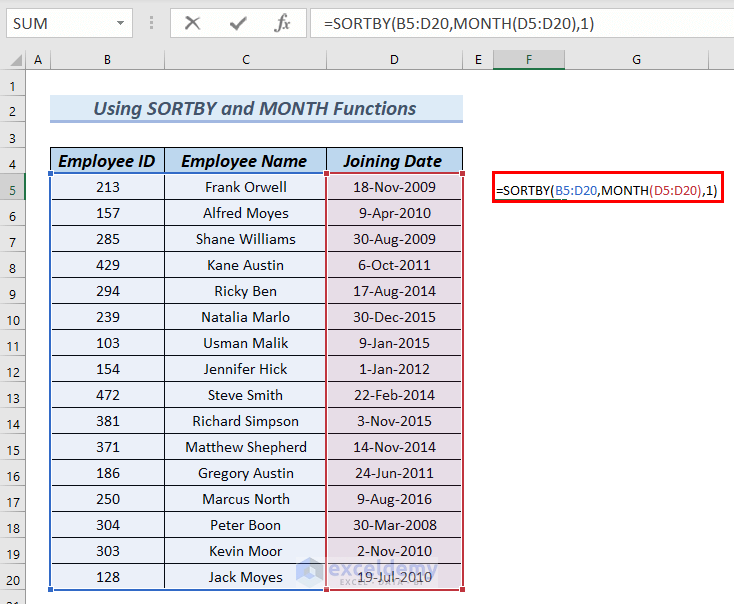 Using SORTBY and MONTH Functions to Sort by Date in Excel