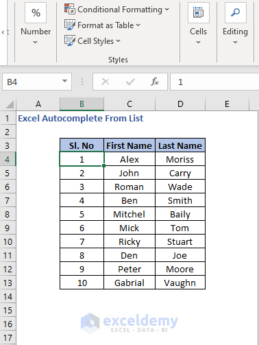 AutoFill numbers 2- Excel Autocomplete From List