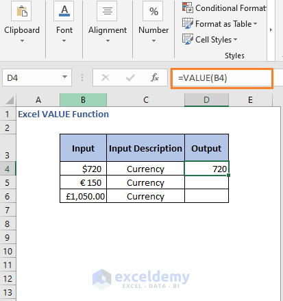 Formula result Currency to number - Excel VALUE Function