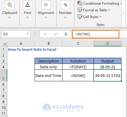 NOW Function - How To Insert Date In Excel