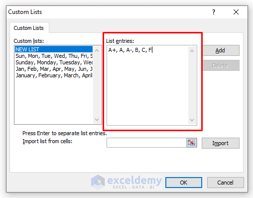 Entering List in Custom Lists Dialogue Box in Excel