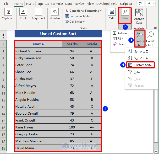 Sort & Filter Option in Excel Toolbar