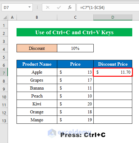 Copy Formula Down Using CTRL+C and CTRL+V