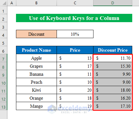 Use Keyboard Keys to Copy Formula Down for a Column