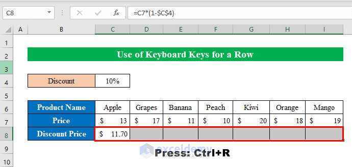  Apply Keyboard Shortcut to Copy Formula for a Row