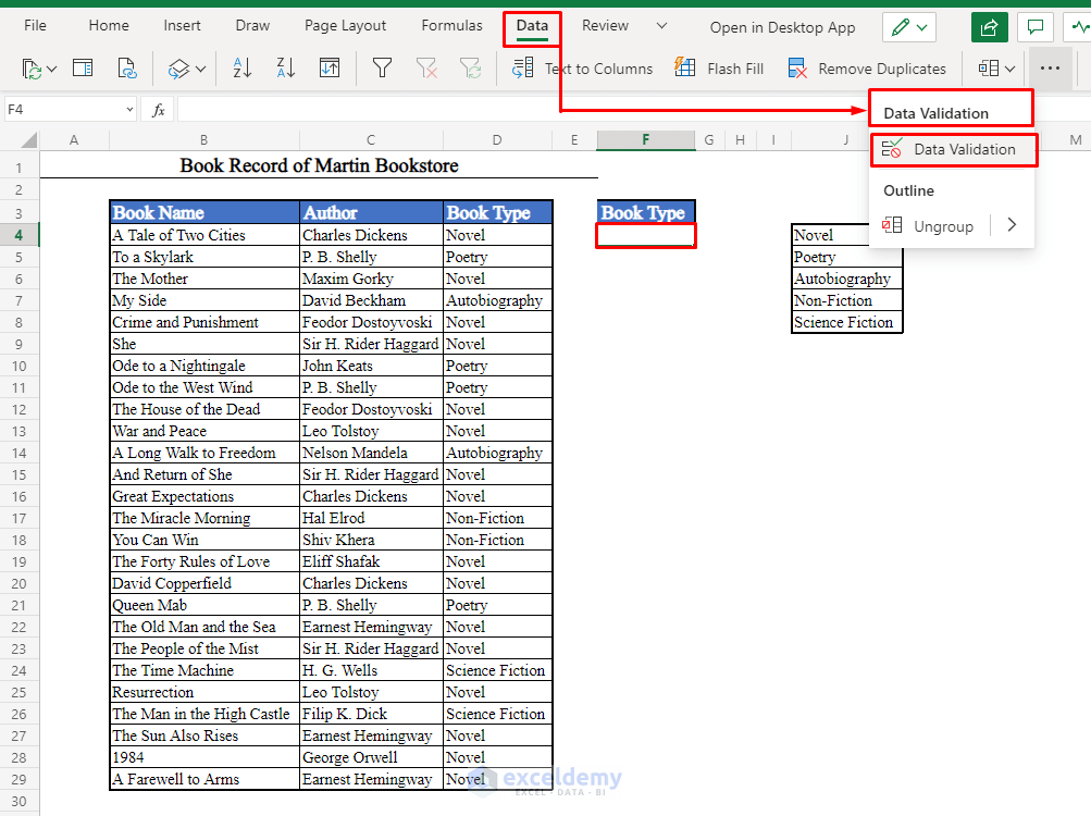Data Validation Tool in Excel Toolbar