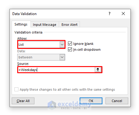 Data Validation Dialogue Box in Excel