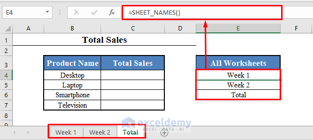 All Worksheets Names Returned by VBA Function in Excel
