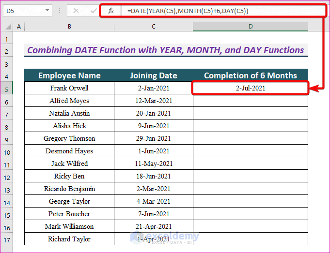 Add 6 Months to a Date in Excel by Combining DATE Function with YEAR, MONTH, and DAY Functions