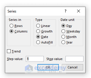 Series Dialogue Box to Autofill Dates in Excel