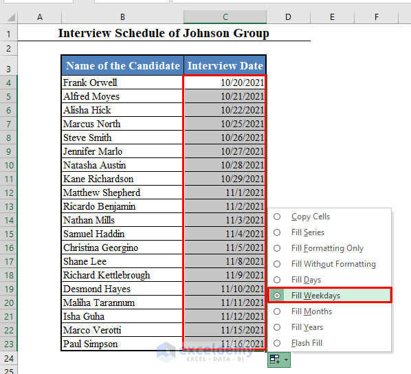 Selecting an Option from the Fill Handle Autofill Dates in Excel