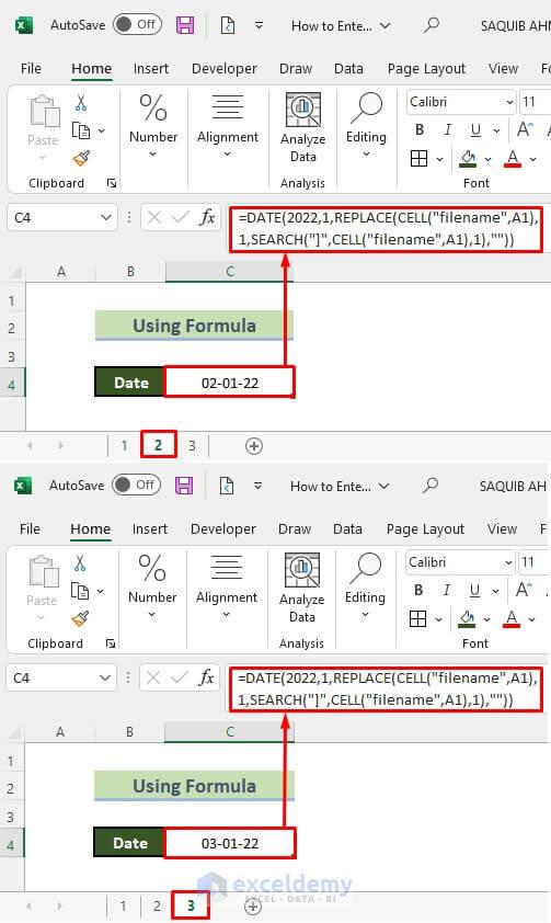 Entered Sequential Dates Across Multiple Sheets in Excel with Formula