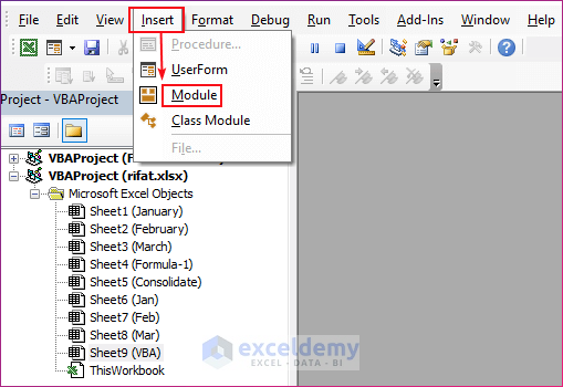 Inserting a new module in the VBA editor