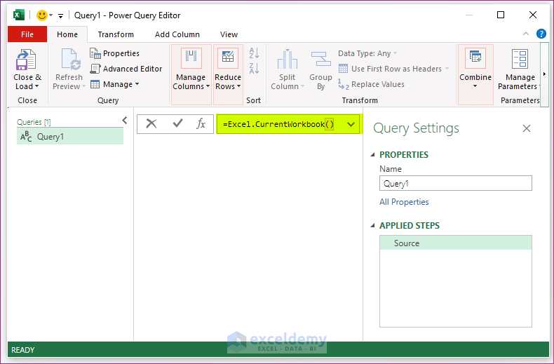Applying Excel.CurrentWorkbook function in power query