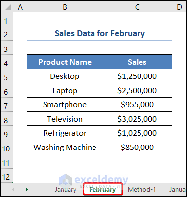February Sales dataset for excel reference worksheet name in formula 