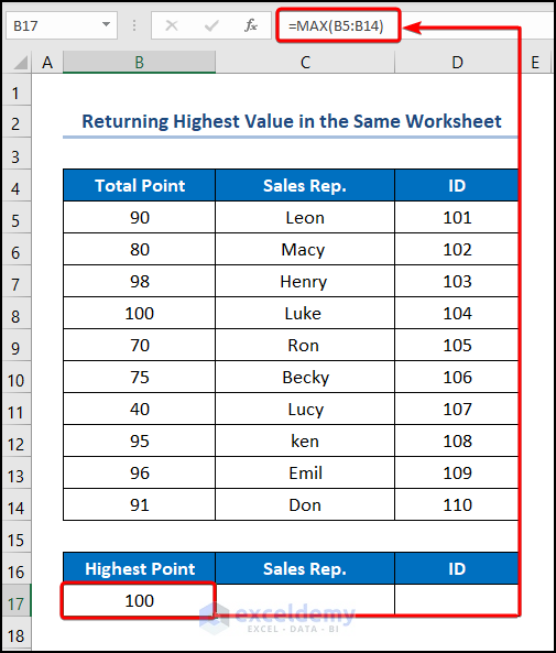 Return Highest Value in the Same Worksheet