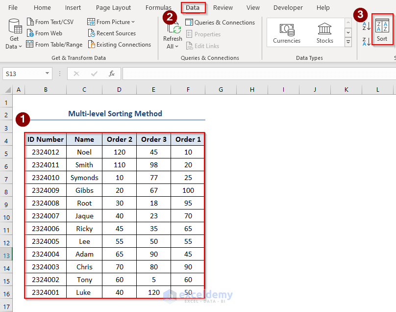 Multi-level Sorting Method to Sort Rows by Column
