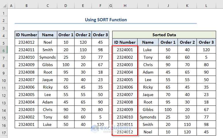 excel sort rows by column