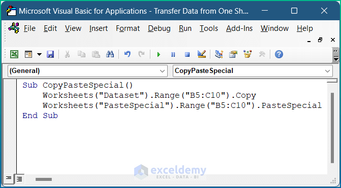  Paste Copied Data from One Worksheet to Another with PasteSpecial in Macro