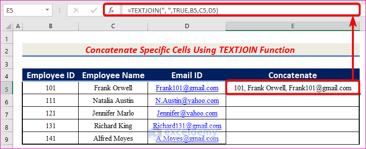 Concatenate Specific Cells Using TEXTJOIN Function in Excel