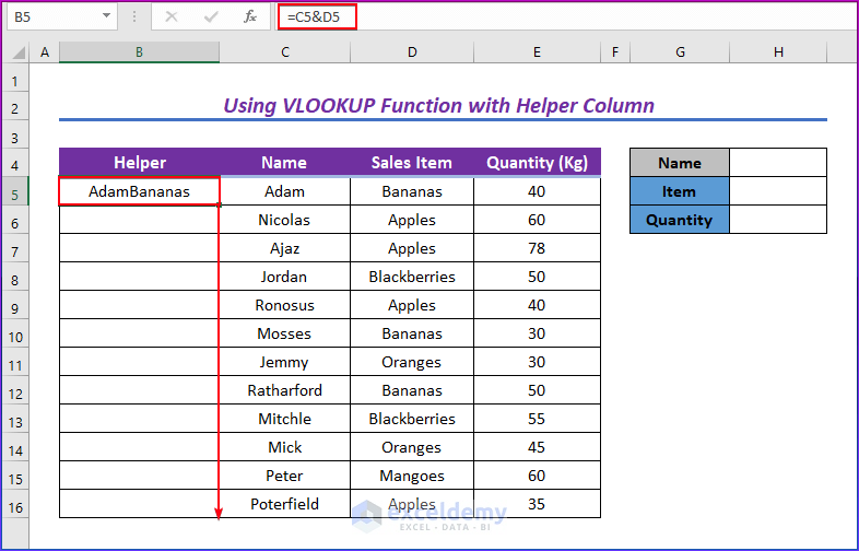 Using VLOOKUP Function with Helper Column for Finding Multiple Values with Partial Match