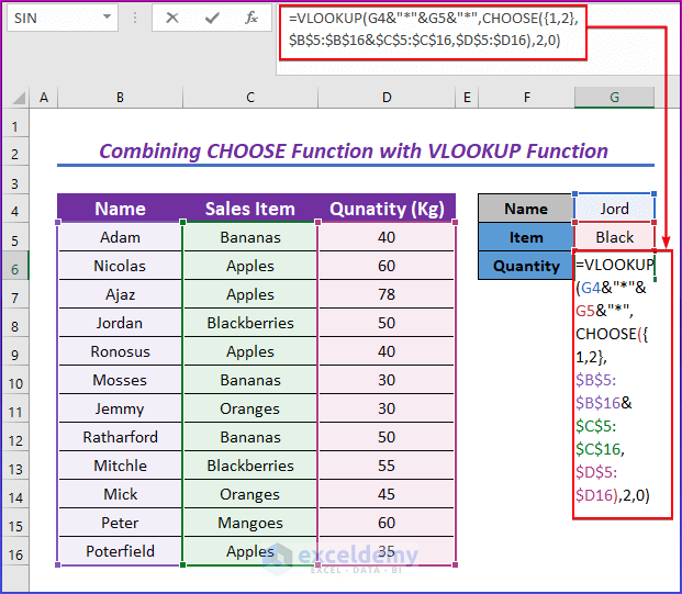 Combining CHOOSE Function with VLOOKUP Function to Find Multiple Values with Partial Match