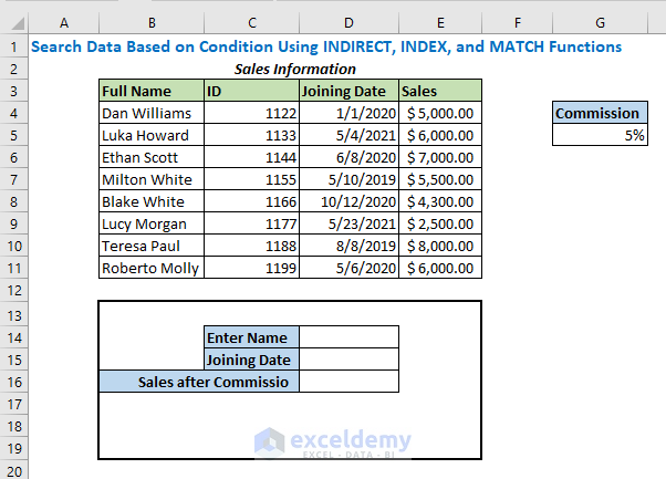 Search Data Based on Condition Using INDIRECT, INDEX, and MATCH Functions