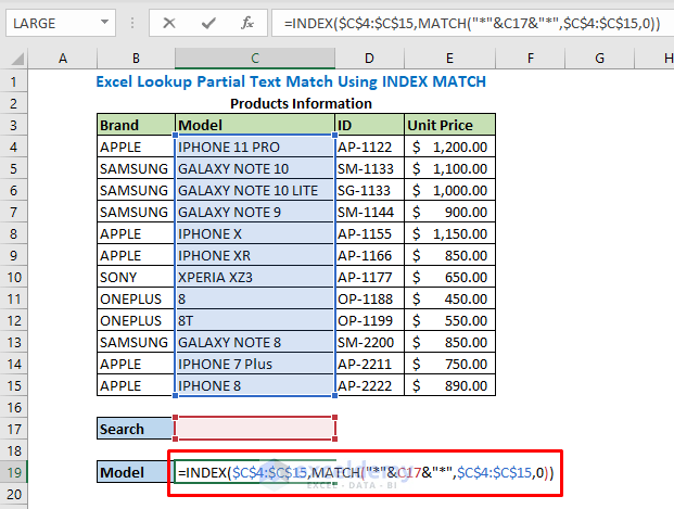 Enter formula using INDEX and MATCH function