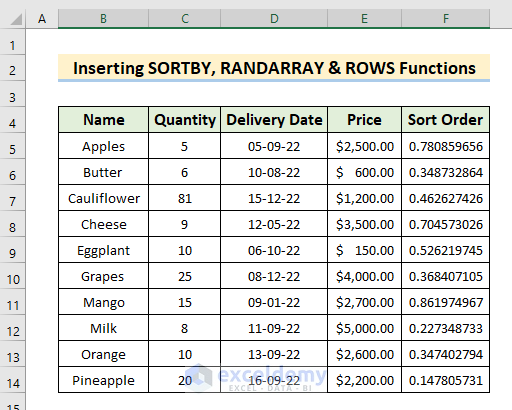 Insert SORTBY, RANDARRAY & ROWS Functions to Do Random Sort