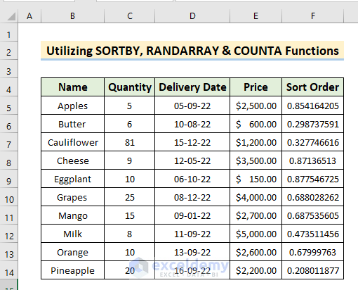 Utilize SORTBY, RANDARRAY & COUNTA Functions for Random Sorting