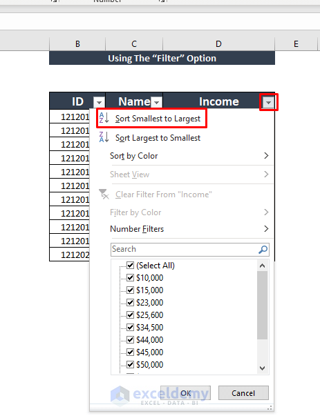 using filter option sort by value