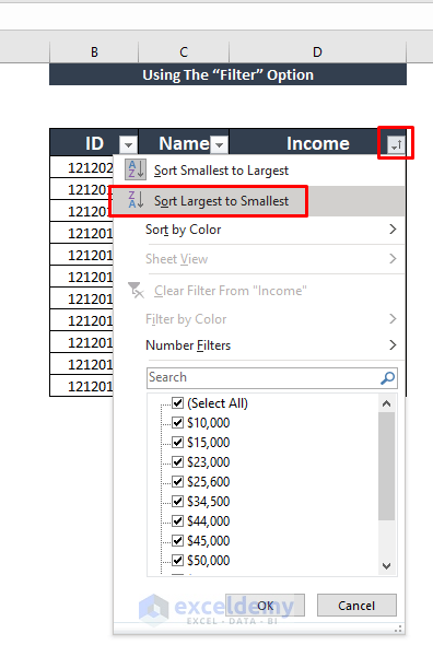 using filter option sort by value